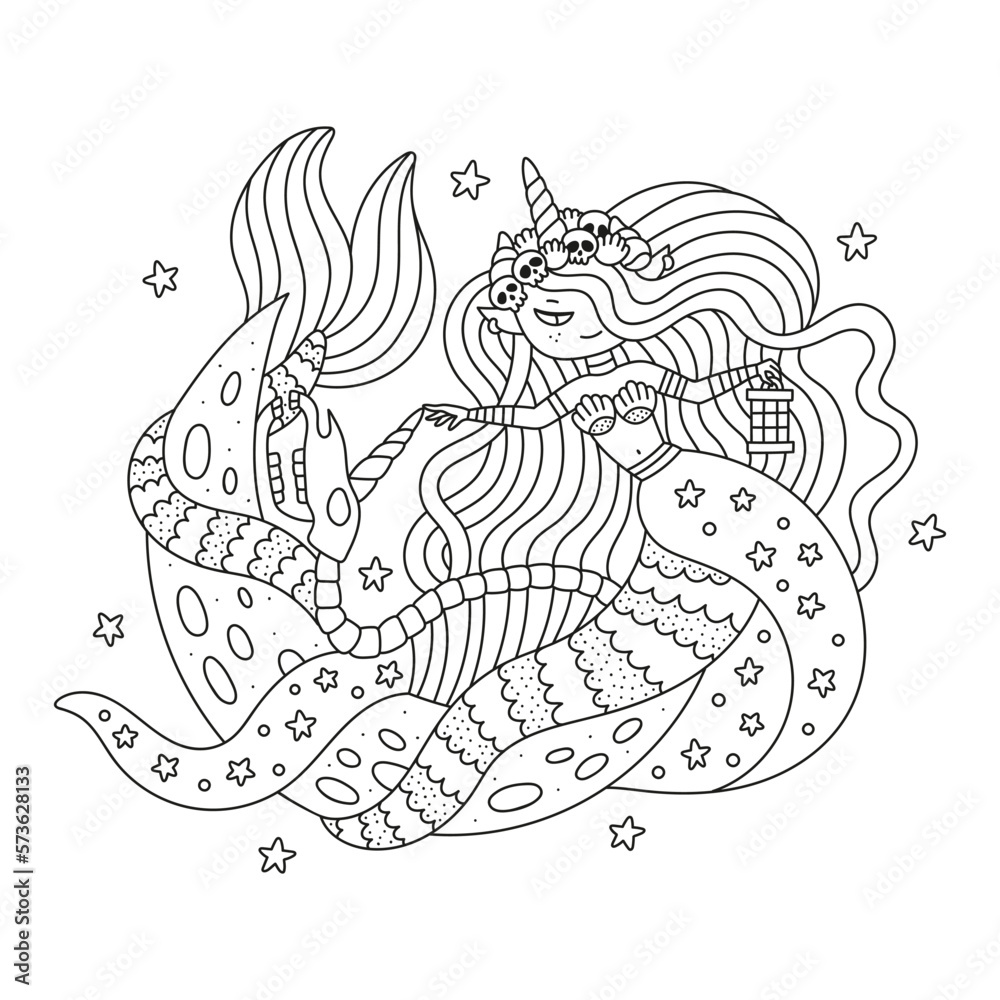 Cute unicorn mermaid and skeleton horse. Mysterious sea princess girl ...