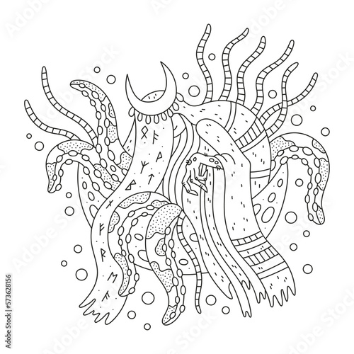 Evil scandinavian sea witch. Mysterious underwater mermaid. Octopus with tentacles. Fantasy coloring page. Cartoon vector illustration. Isolated on white. Outlined hand drawn artwork