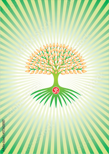 The tree of life with the sign om, aum, ohm in the center. Symbol of ecology, life, growth and development. Against the background of diverging rays. Vector graphics.