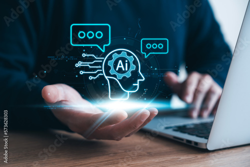 Concept Humans work together with artificial intelligence, humans use intelligent AI technology to solve problems in different ways, feeding AI commands to help solve problems that humans can't solve.