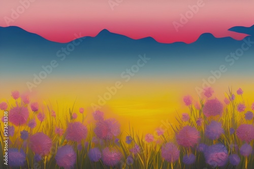 oil painting brush stroke, sun, blue gradient sky, soft pink hues in skyline,bokeh mountains neutral grey color, grass field in foreground with many flowers in coral yellow pink orange - generative ai © unalcreative