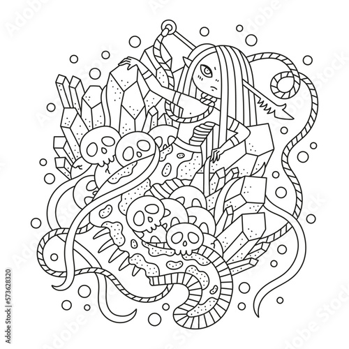 Scary zombie mermaid with harpoon in head. Decorated with skulls and crystalls. Dead fantasy creature. Sea monster. Coloring page. Cartoon vector illustration. Black and white colors. Outlined photo