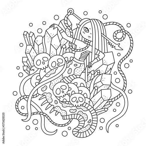 Scary zombie mermaid with harpoon in head. Decorated with skulls and crystalls. Dead fantasy creature. Sea monster. Coloring page. Cartoon vector illustration. Black and white colors. Outlined
