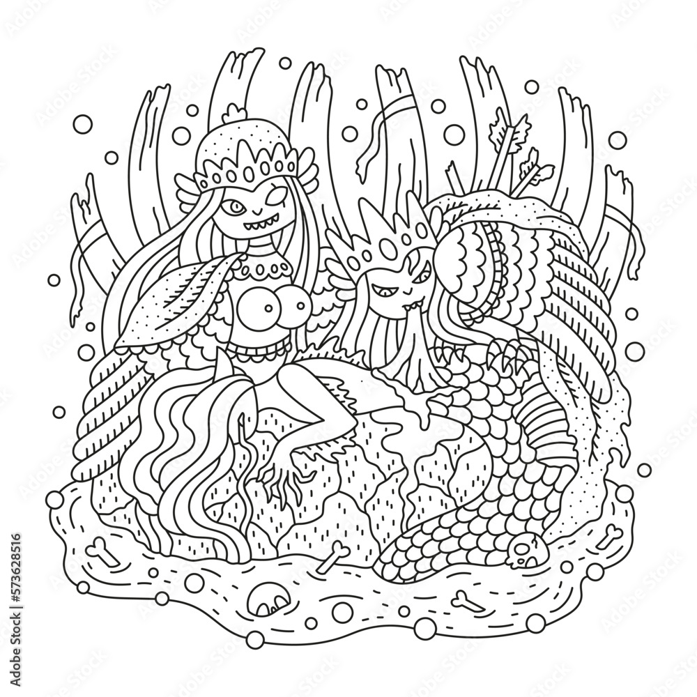 Scary harpy queen eating dead mermaid. Mythology creature. Fantasy sea monster girl. Detailed coloring page for adults. Cartoon vector illustration. Outluned artwork. Isolated on white. Black lines