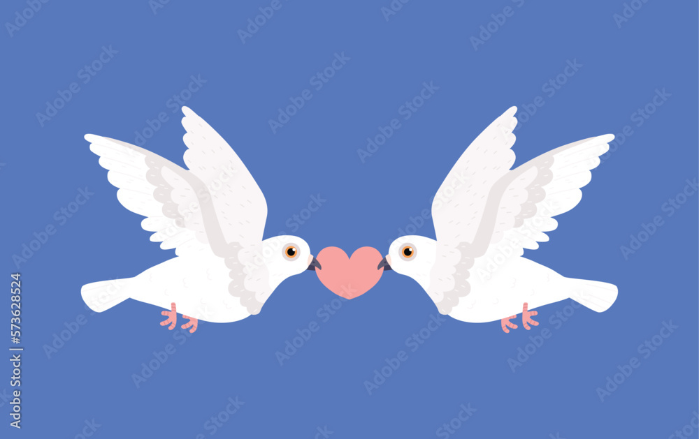 Obraz premium Cute pair of white pigeons holding heart together in beaks flat style