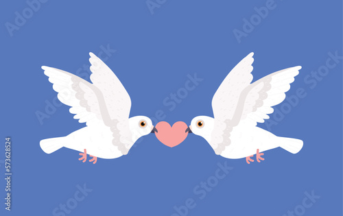 Cute pair of white pigeons holding heart together in beaks flat style