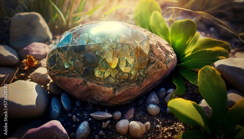 Precious Serendibite stone growing from the soil in a garden. Generated by AI. photo