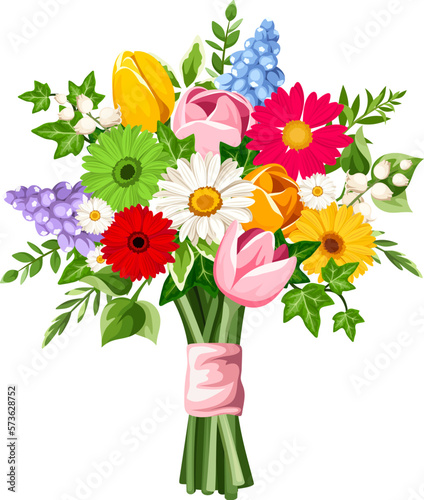 Bouquet of colorful flowers (tulips, gerberas, hyacinth flowers, and lily of the valley flowers) isolated on a white background. Vector illustration