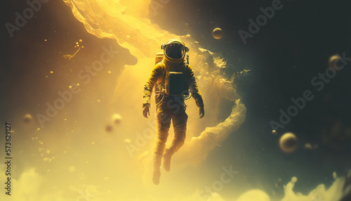 Astronaut Floating In Space, Yellow Landscape, 4K 