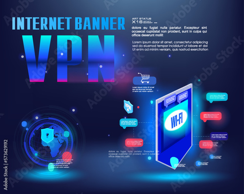 VPN concept banner. Futuristic shield with hologram and VPN inscription. Cyber security personal data. VPN logo. Protection personal digital data from hacking and cyber attack