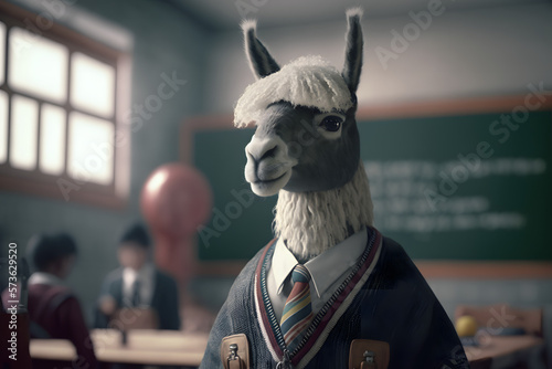 Portrait d'un lama anthropomorphe habillé en écolier dans une salle de classe  » IA générative photo