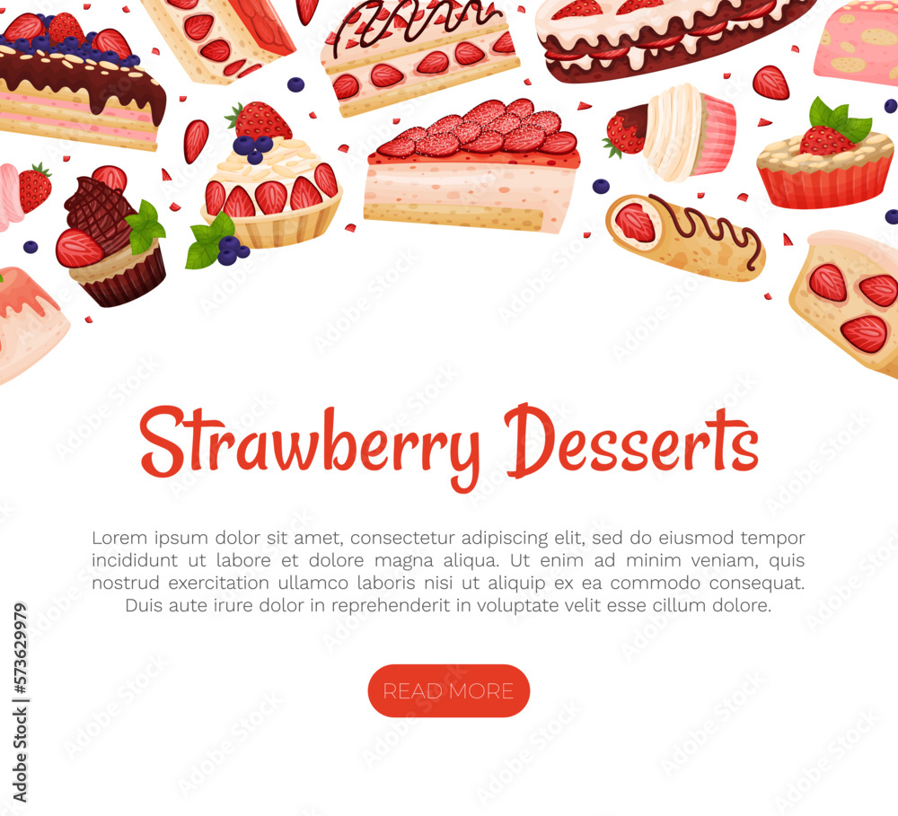 Strawberry Dessert Banner Design with Sweet Creamy Pastry Vector Template Strawberry Dessert Banner Design with Sweet Creamy Pastry Vector Template