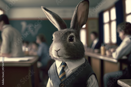 Portrait d un lapin anthropomorphe habill   en   colier dans une salle de classe     IA g  n  rative