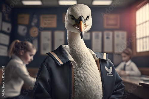 Fototapeta Naklejka Na Ścianę i Meble -  Portrait d'un cygne anthropomorphe habillé en écolier dans une salle de classe  » IA générative