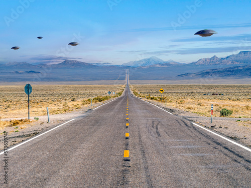 Photography UFO Flying Saucers over the Extraterrestrial Highway in Rachel Nevada near Area 51