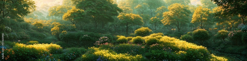 Illustration landscape of the countryside park in a beautiful tree forest, generative AI.