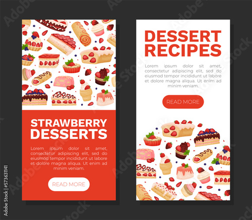 Strawberry Dessert Banner Design with Sweet Creamy Pastry Vector Template