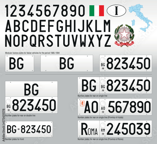 Modular italian vintage car license plate, letters, numbers and symbols, period 1985-1994, vector illustration, Italy