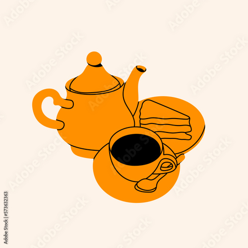 Pot, cup of a hot tea or coffee with a peace of cake. Sweet bakery and hot beverage. Tasty pie. Hand drawn modern Vector illustration. Isolated design element. Bakery, food and drink concept