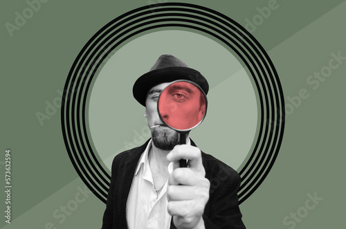 Digital collage with young bearded man looking through magnifying glass 