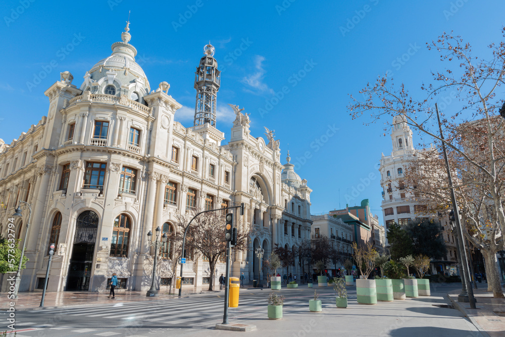 VALENCIA, SPAIN - FEBRUARY 16, 2022: The Central Post office builiding - Correos de Valencia.