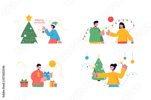 Merry Christmas set concept with people scene in the flat cartoon style. Young people celebrate Christmas, give a presents, decorate Christmas tree and drink champagne. © Andrey