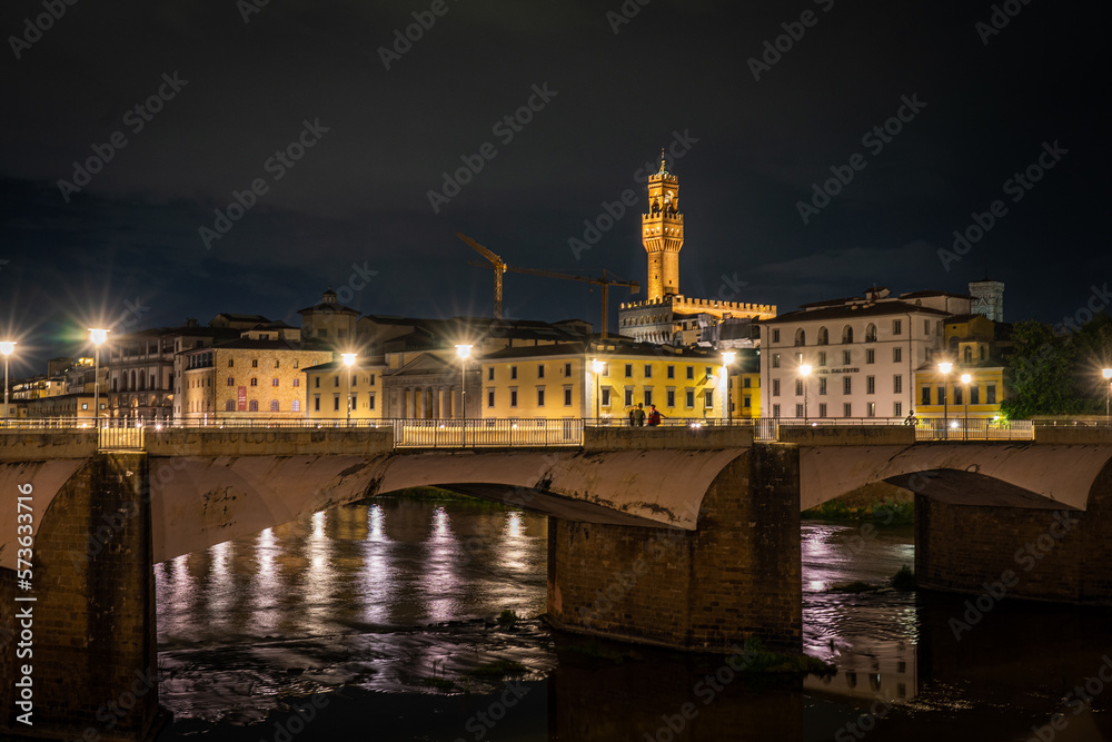 Skyline river Florence at night, Italy.