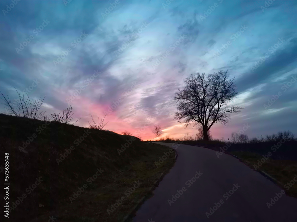 Sunset over the road, colorful sky, dark tree, winter, landscape.