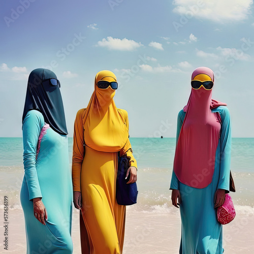 AI generated portrait of a muslim woman on the beach dressed in a burkini photo