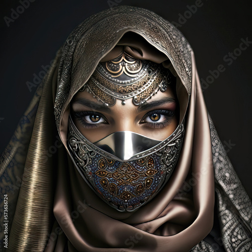 AI generated portrait of an Arab, Egyptian or Emirati young woman with her head covered in a scarf or hijab