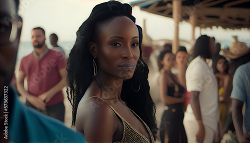 African American woman at a beach party, Generative AI