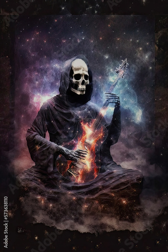 Mystical image of a skeleton playing a guitar, an anthropomorphic image of death in a glowing nebula 
