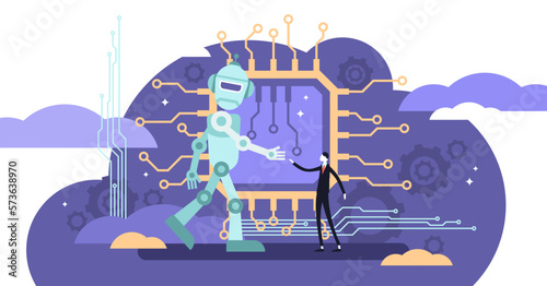 AI ethics illustration, transparent background.Flat tiny robot relationship persons concept.Computer intelligence behavior intellect.