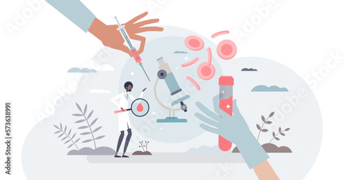 Blood testing and taking sample for research and examination tiny person concept, transparent background. Microbiological hemoglobin, red cells and platelets structure measurement illustration.