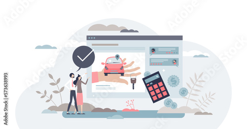 Buying car online and purchase from dealership website tiny person concept, transparent background. Vehicle review from salesman as digital distant service for auto buyer illustration.