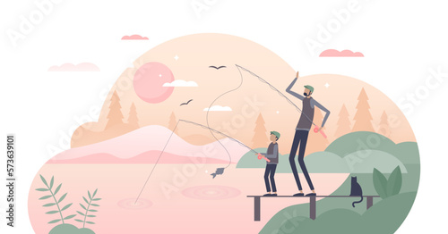 Fatherhood scene with father and son quality fishing time tiny person concept, transparent background.Husband or dad with children in holidays happy together illustration.