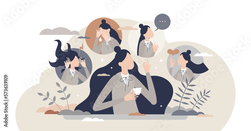Female feelings as different mood and emotion changes tiny person concept, transparent background. Woman behavior expression with mental personality types illustration. photo