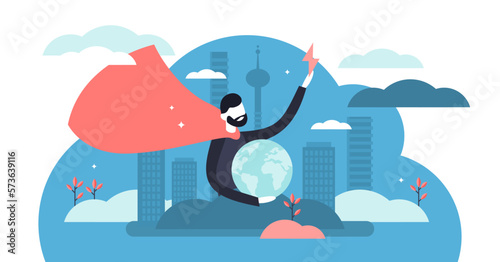 Hero illustration, transparent background. Flat tiny strong rescue defender persons concept. Abstract earth security with ideal leadership and supernatural protection.