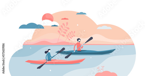 Kayaking water sport outdoor adventure with canoe boat tiny persons concept, transparent background. Rowing activity in summer travel in sea or river illustration. Wild tourism expedition lifestyle.