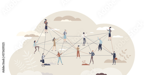 Open communication and employees thoughts sharing tiny person concept, transparent background. Business model with free ideas exchanging and discussion around all partners illustration.