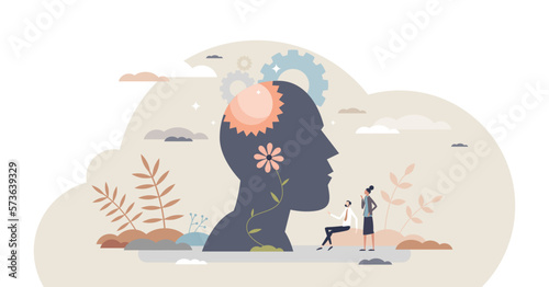 Organizational psychology as employees mental health care tiny person concept, transparent background. Business labor behavior research for professional workers wellness.
