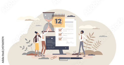 Project duration as time for effective work development tiny person concept, transparent background. Schedule organization and planning to forecast necessary time resource illustration.