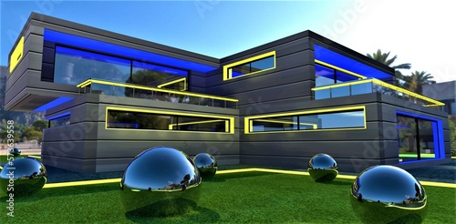 Bild auf Leinwand Steel balls on the lawn near the elite stylish home with luminous facade elements under the blue summer sunny sky