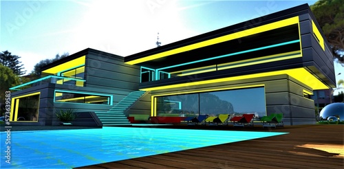 View from the deck near the illuminated pool of the upscale modern dwelling with glowing facade elements. Suitable combination of turquoise and yellow. 3d rendering.