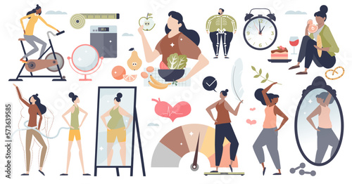 Weight loss set with fit body and shape control items collection tiny person concept, transparent background. Diet plan for slim belly size and healthy BMI illustration.