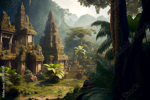 Maya civilization illustration depicting ancient ruins, pyramids, and jungle landscapes with vibrant colors and intricate details, ai generative
