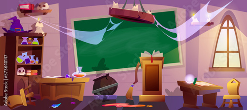 Cartoon abandoned magic school classroom with broken furniture, spider webs and crushed cauldron. Empty wizard room with window, blackboard and scattered things for magic knowledge.