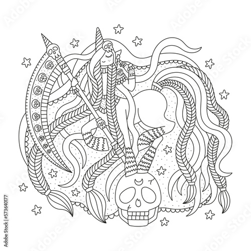 Cute death reaper centaur with big scythe. Beautiful unicorn girl with long hair, standing on skull. Mysterious mythology fantasy creature. Coloring page for kids. Cartoon vector illustration