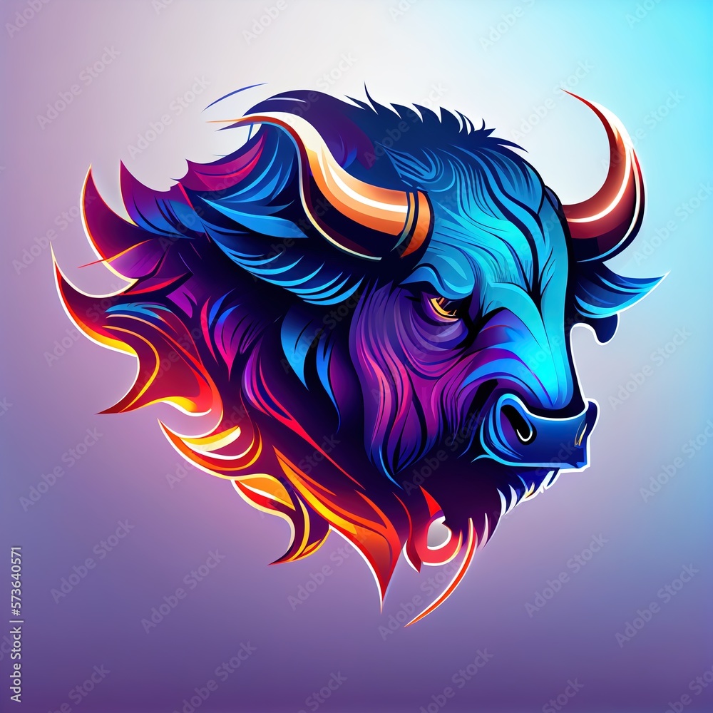 Obraz na plátně Angry bull colorful mascot with a big horn and big nose, Generative Ai