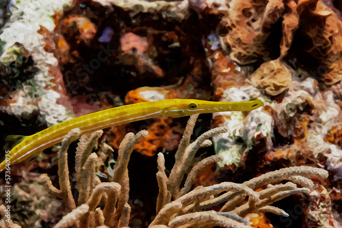 Digitally created watercolor painting of Yellow Trumpetfish on a tropical coral reef